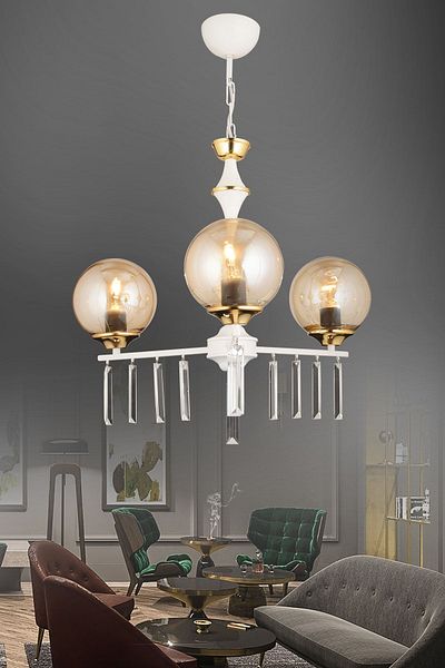 SONSUZ AYDINLATMA&AVİZE Mevlana White 3-Piece Bal Glop Glass Luxury Up-Facing Crystal Stone Chandelier
