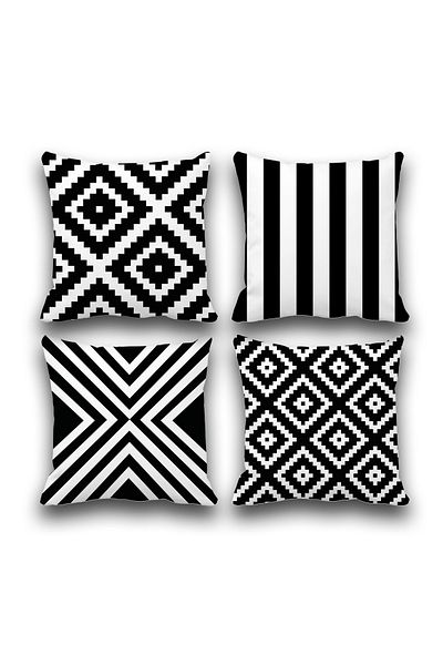 Pusula Home Set de 4 huse de pernă negre cu model geometrie - imprimare digitală față-verso
