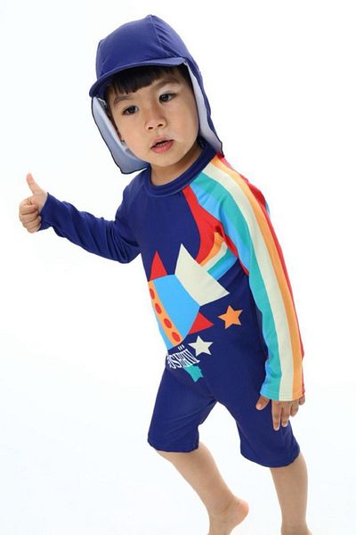 PODİUM GİYİM NEW SEASON Colorful Rocket Patterned KAREOKA STITCHED LONG SLEEVE BOTTOM PARACHUT SHORTS UV PROTECTION SWIMSUIT SET