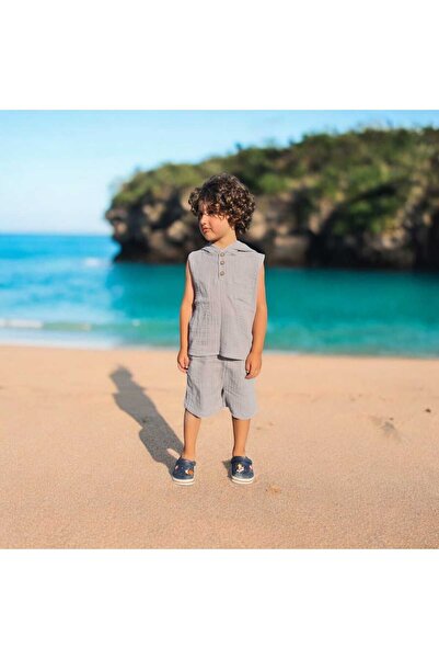 BEBEĞİME ÇORAP Boys' Muslin T-Shirt and Shorts Set - Hooded and Sleeveless