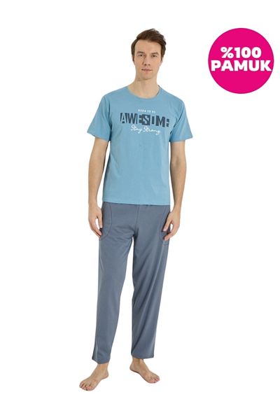 BIES Ανδρικές καλοκαιρινές πιτζάμες μπλε Crew Neck - 100% βαμβάκι, τσέπες, κοντό μανίκι