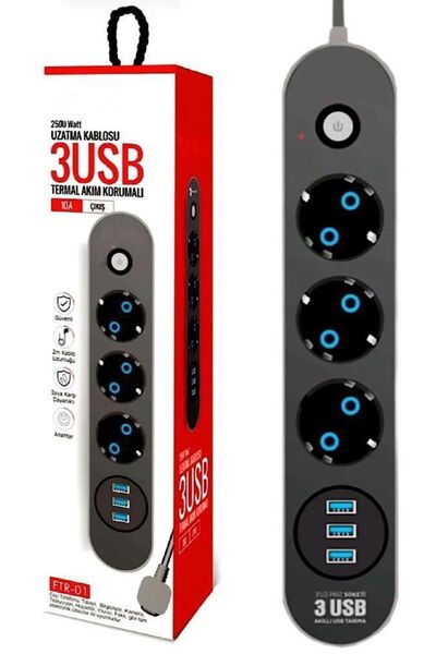 The Wlue Çoklu 3'LÜ Priz Akım Korumalı 3xUSB 10A 2500 Watt 2 Metre Uzatma Kab...