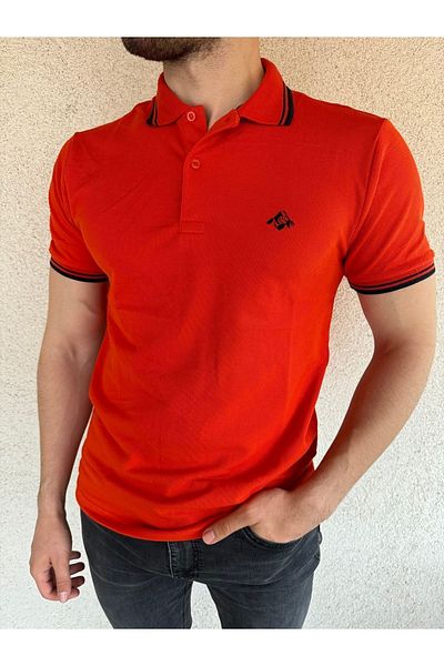 Mesh Tricou pentru bărbați, 100% bumbac, portocaliu, cu guler polo, model segmentat cu mânecă scurtă în dungi colorate