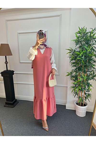 Nisa Nalbantoğlu Ροζ ροζ κρεπ Hijab Gilet