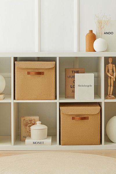 Ocean Home Textile 2 Pieces Jute Lidded In-Cabinet Laundry Toy Organizer Folding Storage Box Organizer 30x30x30