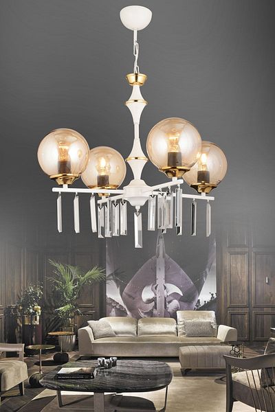SONSUZ AYDINLATMA&AVİZE Mevlana White 4-Piece Honey Globe Glass Luxury Upward Facing Crystal Stone Chandelier