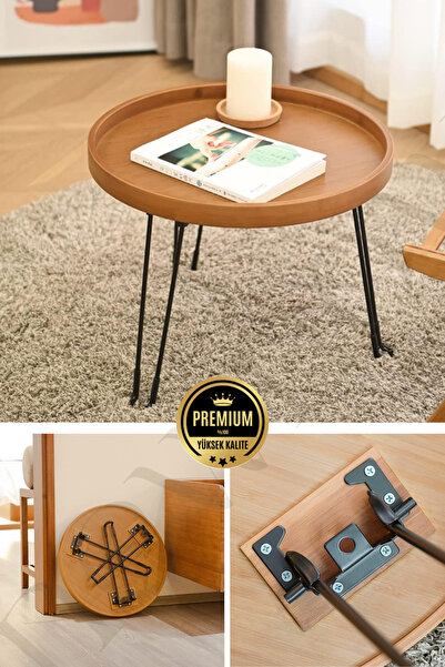 NEWNOW Bambu Yuvarlak Sehpa/Komodin, Metal Ayaklı Pratik Yan Sehpa