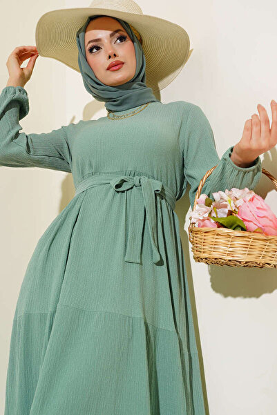 YAZGI MODA Bürümcük Kat Kat Elbise Çağla Yeşili