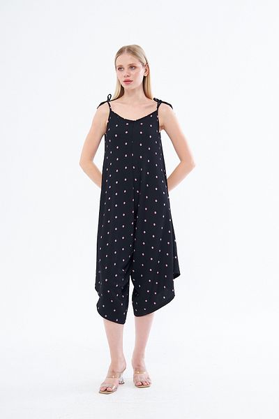 YÜKSEL IŞIK Women's Black Dotted Strap Long Crinkle Symmetry Jumpsuit