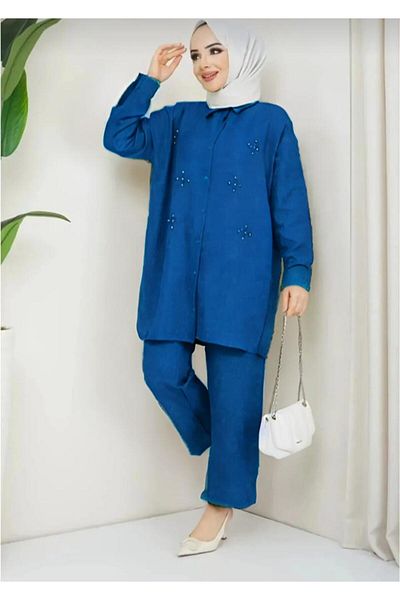 ECK MODA Women's Navy Blue Linen Shirt Collar Buttoned Bottom Top Set