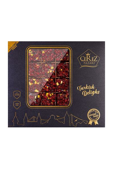Çerez Pazarı 500g Gluten Free King Turkish Delight - Leather Box with Zereşk Grapes, Special Pistachio
