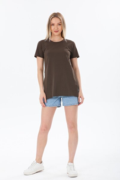 Kallisto Koyu Kahve Pamuklu Iki Yandan Yırtmaçlı Basic T-shirt