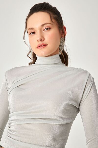 Kallisto Gray Glitter Stand Collar Draped Long Sleeve Blouse