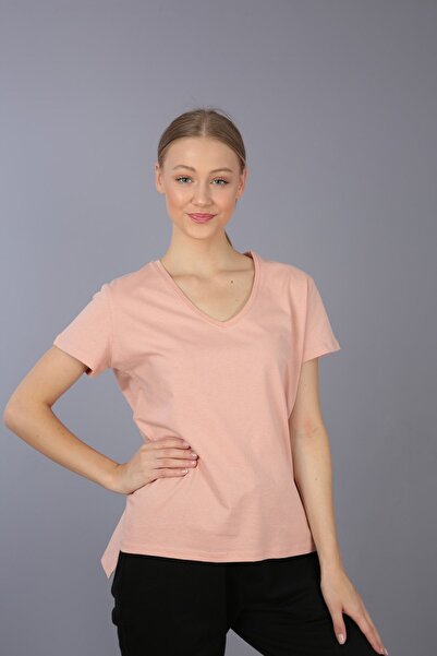 Kallisto Ροζ 100% βαμβακερό πλεκτό μπλουζάκι με λαιμόκοψη