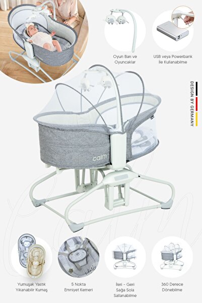 Huggy Calm Gri Mini Beşik ve Ana Kucağı – Çift Yönlü, Müzikli, Otomatik Sallanabilir, Bluetooth Özellikli