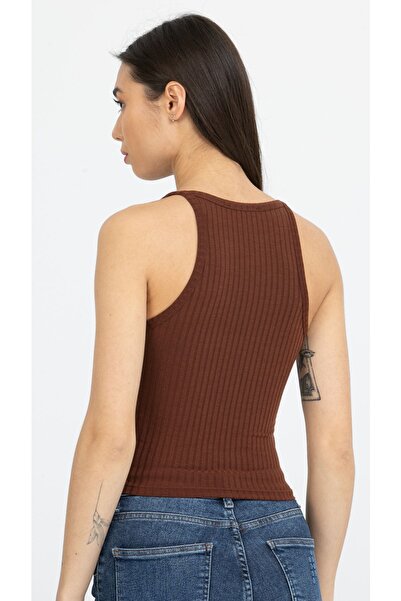 Kallisto Καφέ ριμπ γιακάς πλεκτό Crop Tank Top