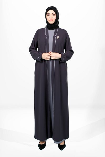 Beyza Smoke Colored Brooch Detailed Double Abaya Set - Piping 3983