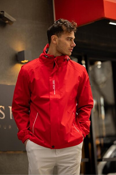 Decas Yeast Red Water Resistant Hooded Zippered Raincoat