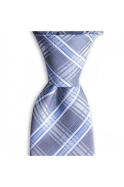 1001 Kravat Light Gray Plaid Patterned 7 cm Wide Silk Tie
