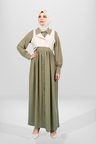 Beyza Χακί Χρώμα Φόρεμα Hijab - Λεπτομέρεια με κουμπιά και γιλέκο, Μοντέλο 5596