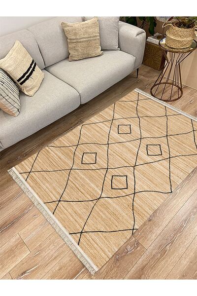 kilim home Covor decorativ țesut din bumbac, cu aspect de paie, negru, cu mod...