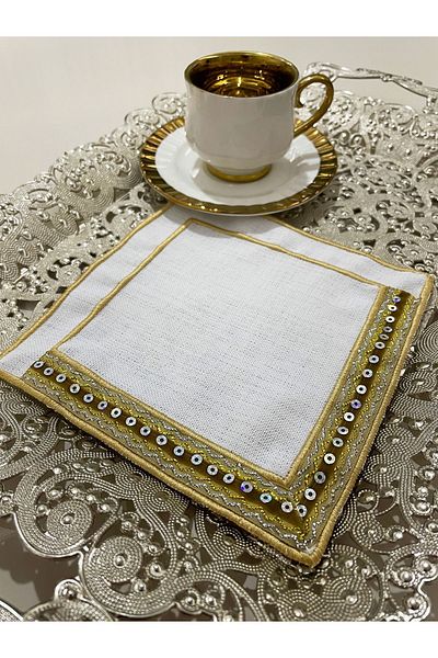AYNAKIŞÇEYİZ 6 bucăți cu dungi brodate broderie șervețel de prezentație laterală din in cafea