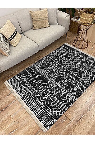 Generic Brand Covor decorativ țesut cu bază, din seria Cotton, alb-negru, cu ...