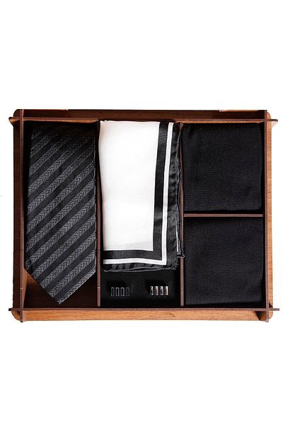 1001 Kravat Wooden Gift Boxed Silk Tie Silk Handkerchief Metal Cufflinks Men's Gift Set with Bamboo Socks
