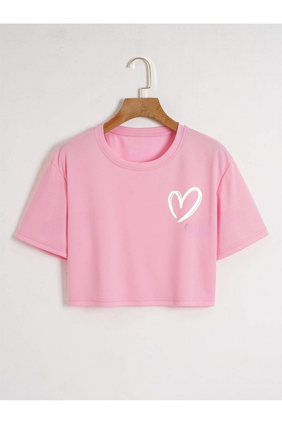 PALPİTO Γυναικείο Crop T-shirt με ροζ ριγέ σχέδιο καρδιάς