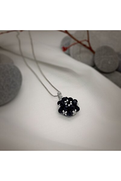 Sam Siyah-Gümüş Cevşen Kolye - Zincirli / El İşi Kristal Boncuk Örme /