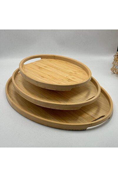 3 Adet 3 Ayrı Boy İskandinav Bambu Oval Tepsi (30x37x45,5)