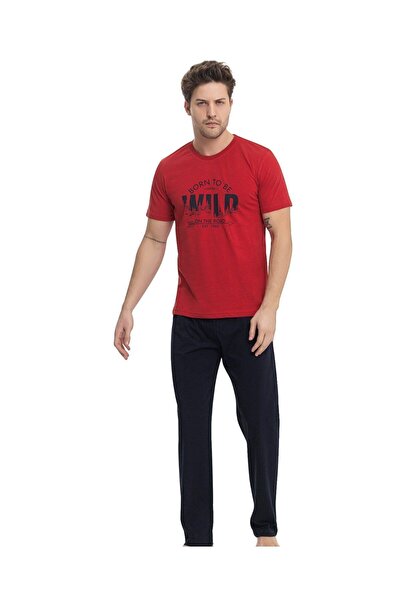 bie's Men's Red Single Jersey Pajama Set - 100% Cotton, Crew Neck, Pocket, Short Sleeve