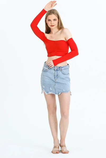 Kallisto Red Color Off-the-Shoulder Long Sleeve Crop Tight Fit
