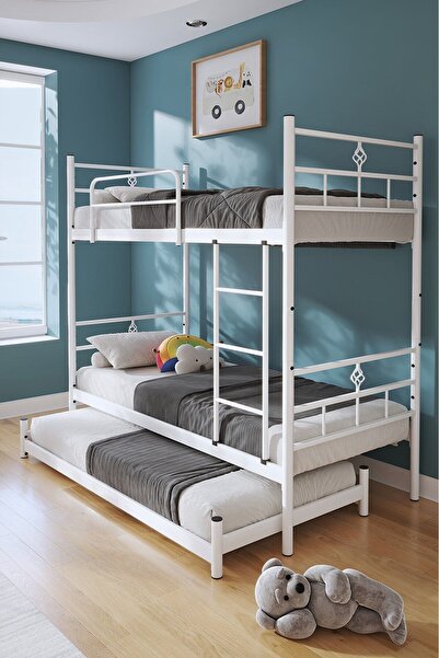 FANO Koza Yavrulu Ranza 90x200 Yatak Uyumlu 3 Kişilik Beyaz Metal Ranza Karyola