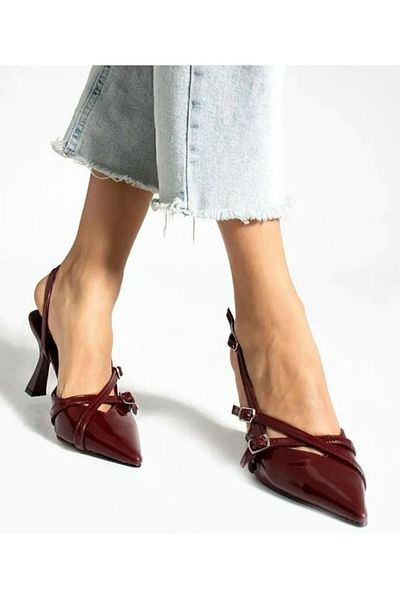 Afilli Stiletto de damă din piele lacuită burgundă strălucitoare - două curele, cataramă, vârf ascuțit, pantofi confortabili cu toc cu spatele deschis