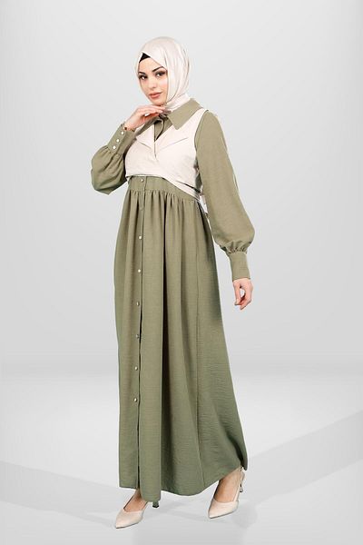 Beyza Χακί Χρώμα Φόρεμα Hijab - Λεπτομέρεια με κουμπιά και γιλέκο, Μοντέλο 5596