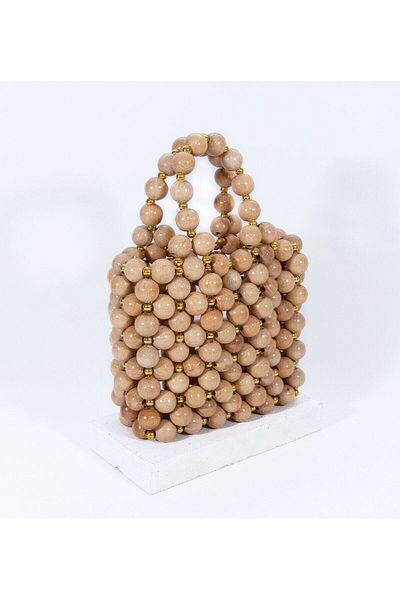 Sun Pieces Jojo Wooden Gold Detailed Bead Bag, Women's Handbag, Sparkling Evening Bag