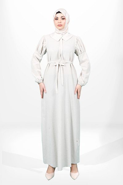 SheFa Μπεζ λινό φόρεμα Hijab - Μανίκι βολάν και ζώνη 5606