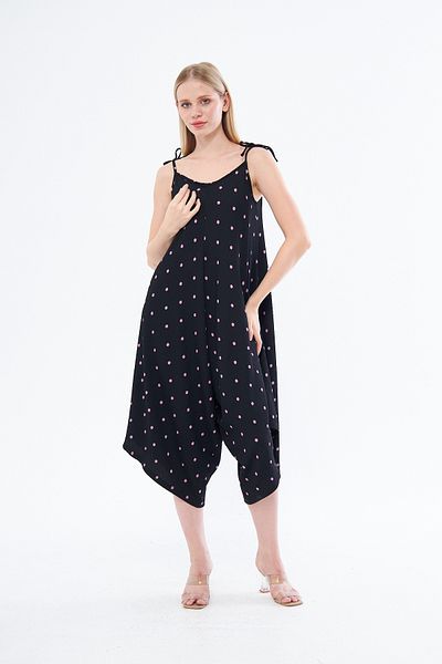 YÜKSEL IŞIK Women's Black Dotted Strap Long Crinkle Symmetry Jumpsuit