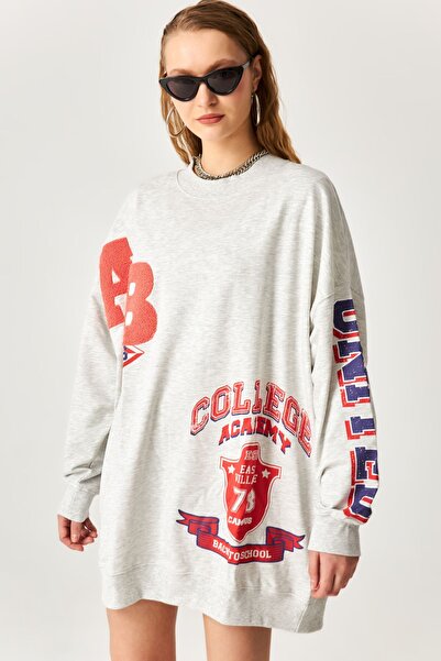 Kallisto Gri Melanj Baskılı Oversize Sweatshirt Elbise