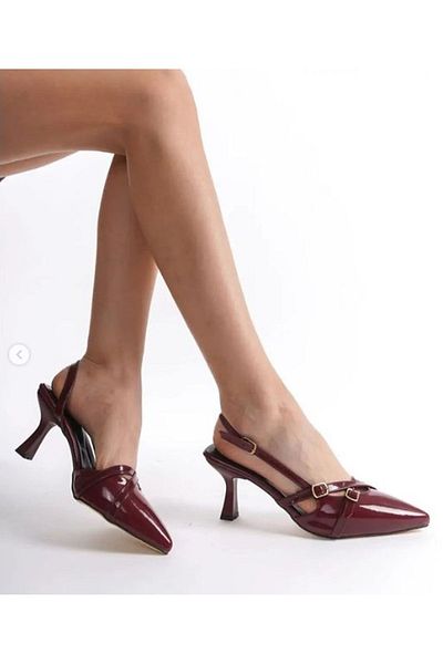 Afilli Stiletto de damă din piele lacuită burgundă strălucitoare - două curele, cataramă, vârf ascuțit, pantofi confortabili cu toc cu spatele deschis