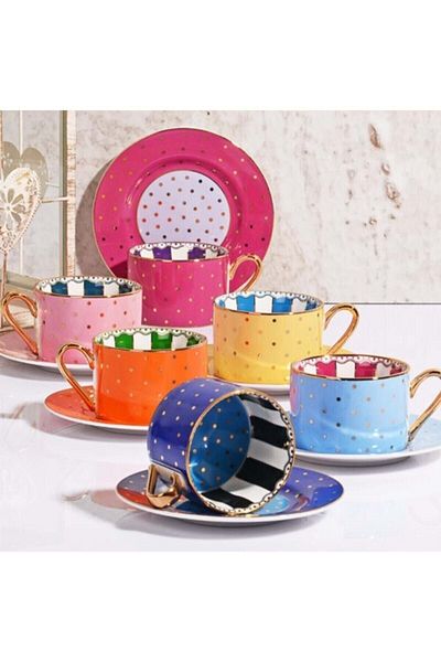 Kosova 6-Piece Polka Dot Mixed Coffee Cup Set - Bone China Fnc-07