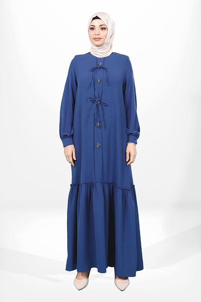 Beyza Indigo Color Hijab Dress - Μπροστινό φιόγκο και λεπτομέρεια λουλουδιών, κορδόνι φούστα 5656