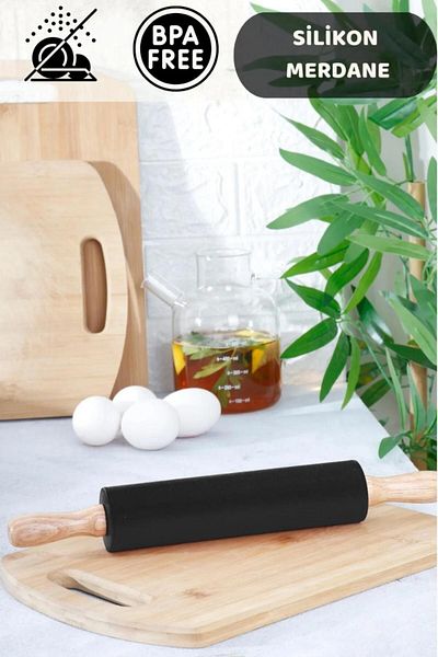 HOMENIVA 1 Piece Black Silicone Body Wooden Handle Roller