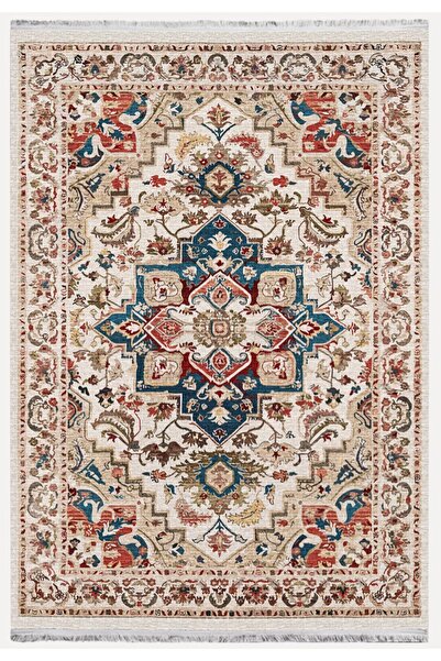 kilim home Mars 2178 Krem Ve Bej Tonlarında Vintage Modern Saçaklı Yıkanabile...