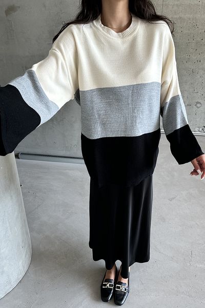 MODAGEN Schwarzer zweifarbiger Strickpullover für Damen mit Rundhalsausschnitt