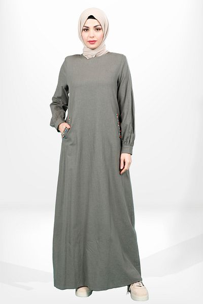 Beyza Χακί Χρώμα Λινό Φόρεμα Hijab - Crew Neck, Bead Detail, Model 5653