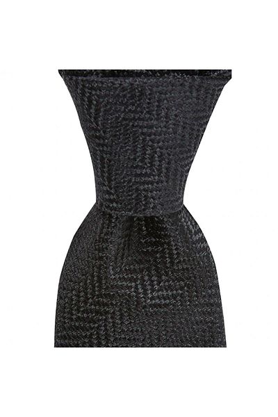 1001 Kravat Black Herringbone Patterned 8 cm Wide Wool Silk Blended Tie
