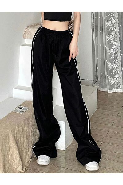 DENİKK Y2k Unisex Μαύρο ριγέ πλεκτό παντελόνι/φούτερ