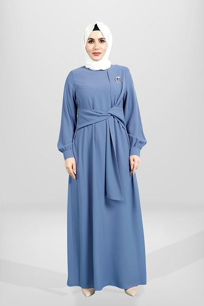 Beyza Indigo Colored Hijab Dress - Λεπτομέρεια δεσίματος μπροστά, καρφίτσα 5667